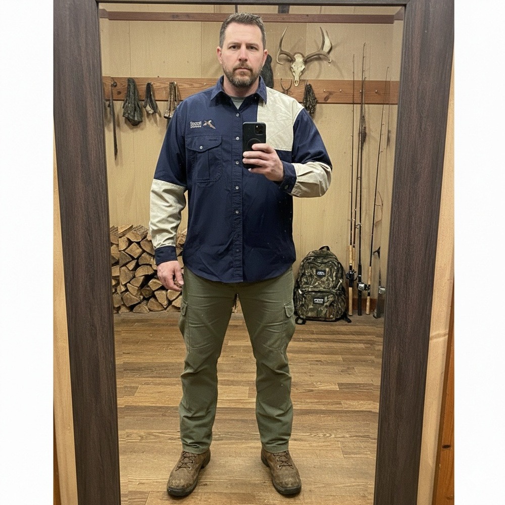 VTG CC Filson Mens Shooting Shirt M Navy Tan Ruggs Ranch USA Utility Hunting
